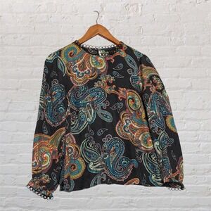 J.Crew Womens Paisley Print Long Sleeve Blouse Black Multi Color Lace Trim Sz 6